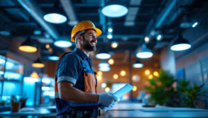 A photograph of a lighting contractor actively engaged in a successful project