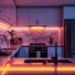 A photograph of a beautifully illuminated kitchen with led lights installed under the cabinets