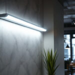 A photograph of a well-lit commercial space featuring a 4-foot fluorescent light installation