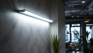 A photograph of a well-lit commercial space featuring a 4-foot fluorescent light installation