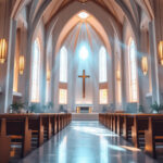 A photograph of a beautifully illuminated church interior that showcases various lighting techniques
