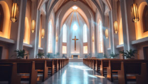 A photograph of a beautifully illuminated church interior that showcases various lighting techniques