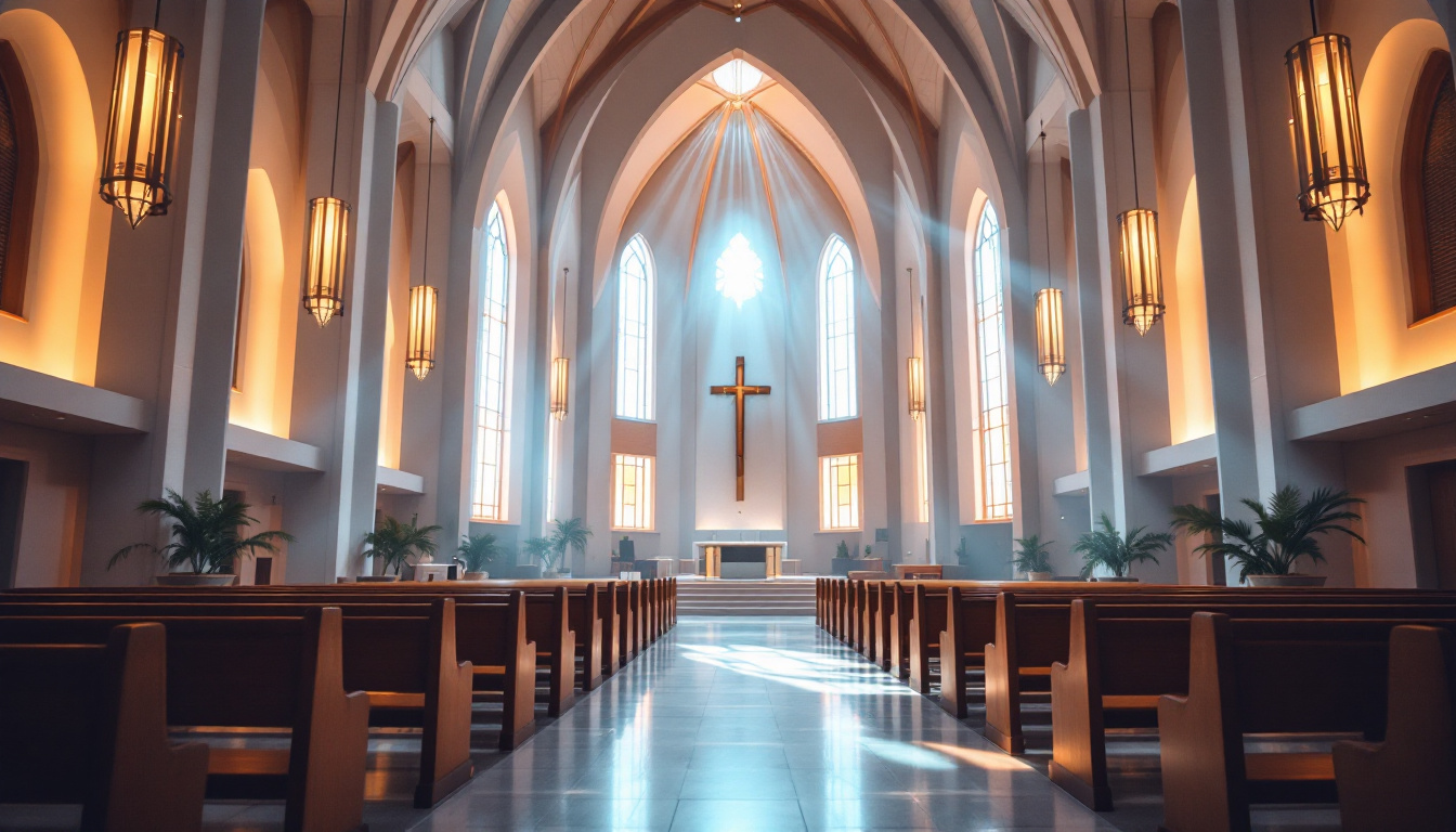 A photograph of a beautifully illuminated church interior that showcases various lighting techniques