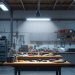 A photograph of a well-lit workshop or garage showcasing a 4-foot led shop light in action