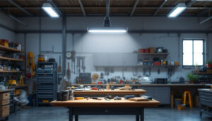A photograph of a well-lit workshop or garage showcasing a 4-foot led shop light in action