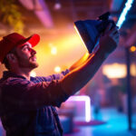 A photograph of a lighting contractor expertly installing or showcasing quasar lights in a modern