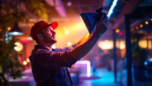 A photograph of a lighting contractor expertly installing or showcasing quasar lights in a modern