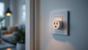 A photograph of capture a photograph of a light switch outlet combo installed in a modern home setting