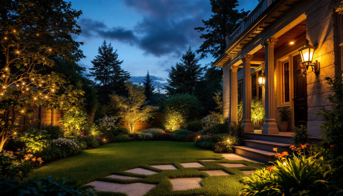 A photograph of a beautifully illuminated garden at dusk
