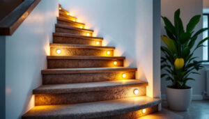 A photograph of a beautifully illuminated staircase featuring modern step light bulbs