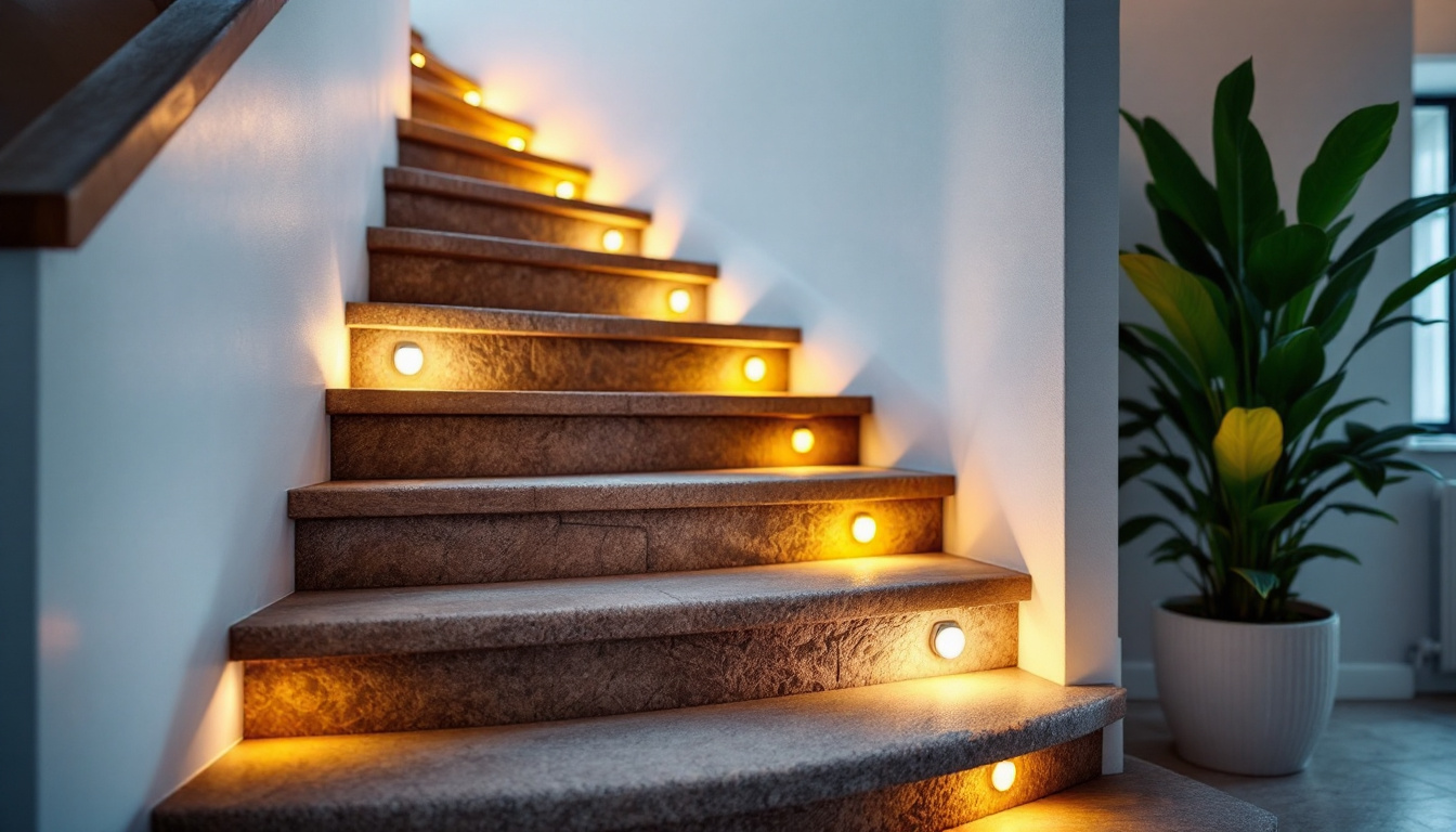 A photograph of a beautifully illuminated staircase featuring modern step light bulbs