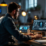 A photograph of a lighting contractor using a computer laptop in a well-lit workspace