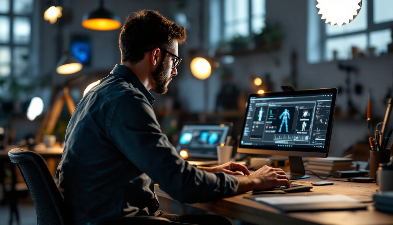 A photograph of a lighting contractor using a computer laptop in a well-lit workspace