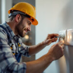 A photograph of a skilled lighting contractor expertly installing or adjusting electrical socket outlets in a modern residential setting