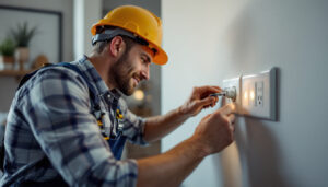 A photograph of a skilled lighting contractor expertly installing or adjusting electrical socket outlets in a modern residential setting