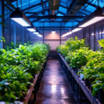 A photograph of a well-lit greenhouse interior showcasing vibrant plants under various commercial grow lights