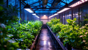 A photograph of a well-lit greenhouse interior showcasing vibrant plants under various commercial grow lights