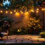 A photograph of a well-lit outdoor space showcasing various styles of flood lights illuminating a garden or patio area during dusk