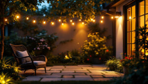 A photograph of a well-lit outdoor space showcasing various styles of flood lights illuminating a garden or patio area during dusk