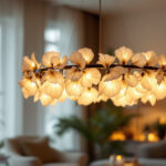 A photograph of a beautifully designed capiz chandelier illuminated in a stylish interior setting