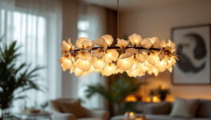 A photograph of a beautifully designed capiz chandelier illuminated in a stylish interior setting
