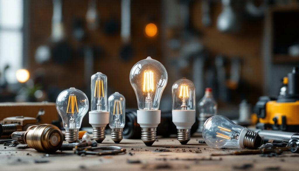 A photograph of a variety of light bulbs with different base types displayed on a workbench