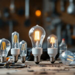 A photograph of a variety of light bulbs with different base types displayed on a workbench