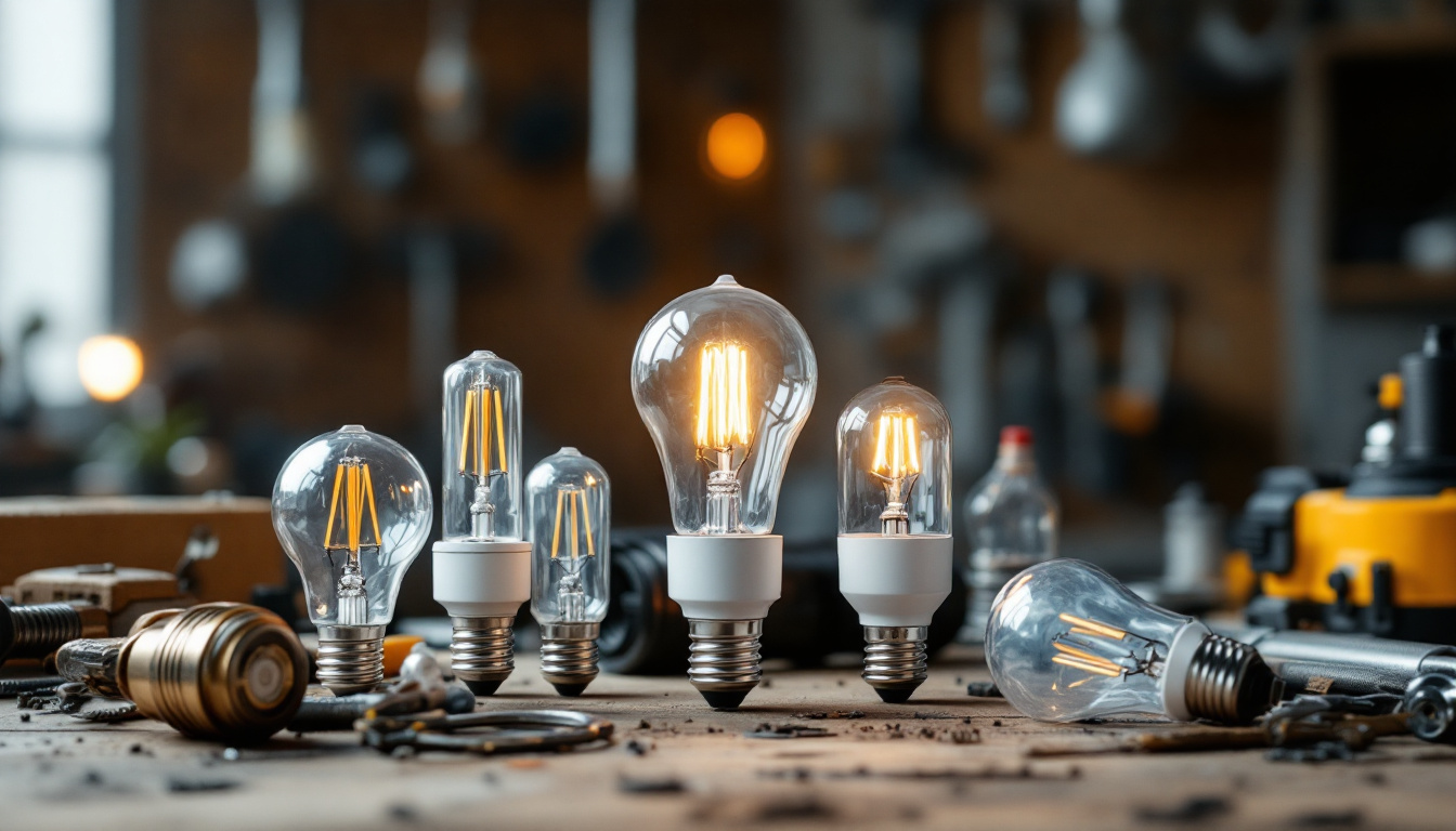 A photograph of a variety of light bulbs with different base types displayed on a workbench
