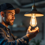 A photograph of a lighting contractor expertly installing a 60-watt type b bulb in a stylish fixture