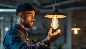 A photograph of a lighting contractor expertly installing a 60-watt type b bulb in a stylish fixture