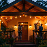 A photograph of a beautifully illuminated outdoor porch with stylish ceiling lights