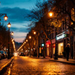 A photograph of a well-lit urban street at dusk