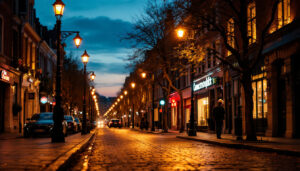 A photograph of a well-lit urban street at dusk