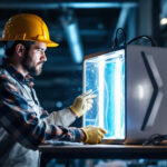 A photograph of a lighting contractor inspecting or installing a uv sanitizer in a commercial setting