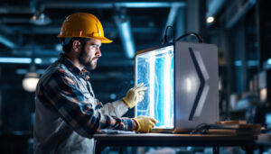 A photograph of a lighting contractor inspecting or installing a uv sanitizer in a commercial setting