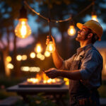 A photograph of a lighting contractor installing dusk-to-dawn light bulbs in a beautifully illuminated outdoor setting