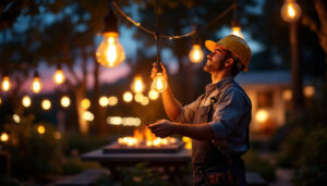 A photograph of a lighting contractor installing dusk-to-dawn light bulbs in a beautifully illuminated outdoor setting
