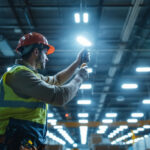 A photograph of a well-lit industrial space showcasing high bay lighting fixtures in action