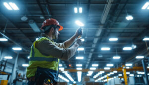 A photograph of a well-lit industrial space showcasing high bay lighting fixtures in action