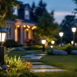 A photograph of a beautifully illuminated outdoor landscape showcasing various lighting fixtures in a residential or commercial setting