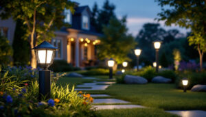 A photograph of a beautifully illuminated outdoor landscape showcasing various lighting fixtures in a residential or commercial setting