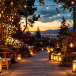 A photograph of a beautifully illuminated outdoor space showcasing various decorative lighting fixtures