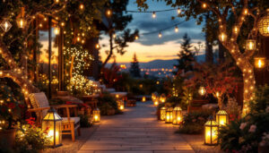 A photograph of a beautifully illuminated outdoor space showcasing various decorative lighting fixtures
