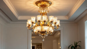 A photograph of a beautifully designed ceiling chandelier lamp in an elegantly lit room