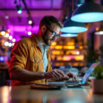 A photograph of a lighting contractor in action