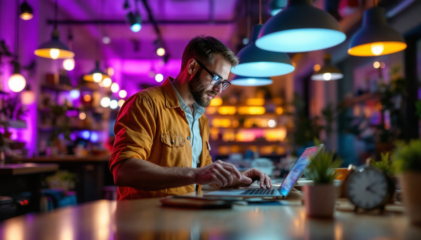 A photograph of a lighting contractor in action