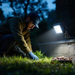 A photograph of a lighting contractor installing a motion sensor floodlight in an outdoor setting