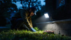 A photograph of a lighting contractor installing a motion sensor floodlight in an outdoor setting