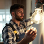 A photograph of a lighting contractor expertly installing a 120v light bulb in a stylish residential setting