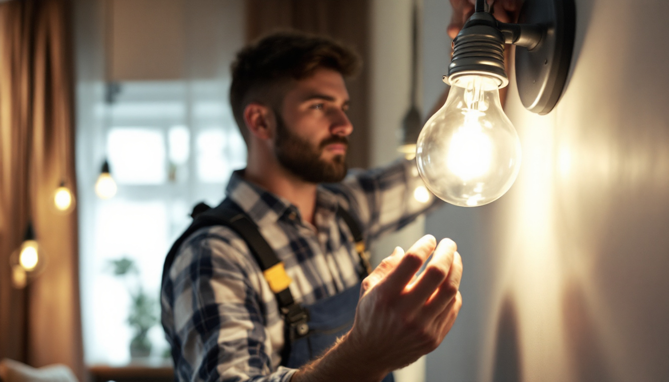 A photograph of a lighting contractor expertly installing a 120v light bulb in a stylish residential setting